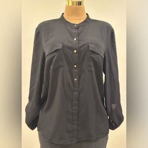 Anne Klein Black Sheer Gold Buttons Rolle Up Tabs & 2 Pockets InnFront. Sz 1X.